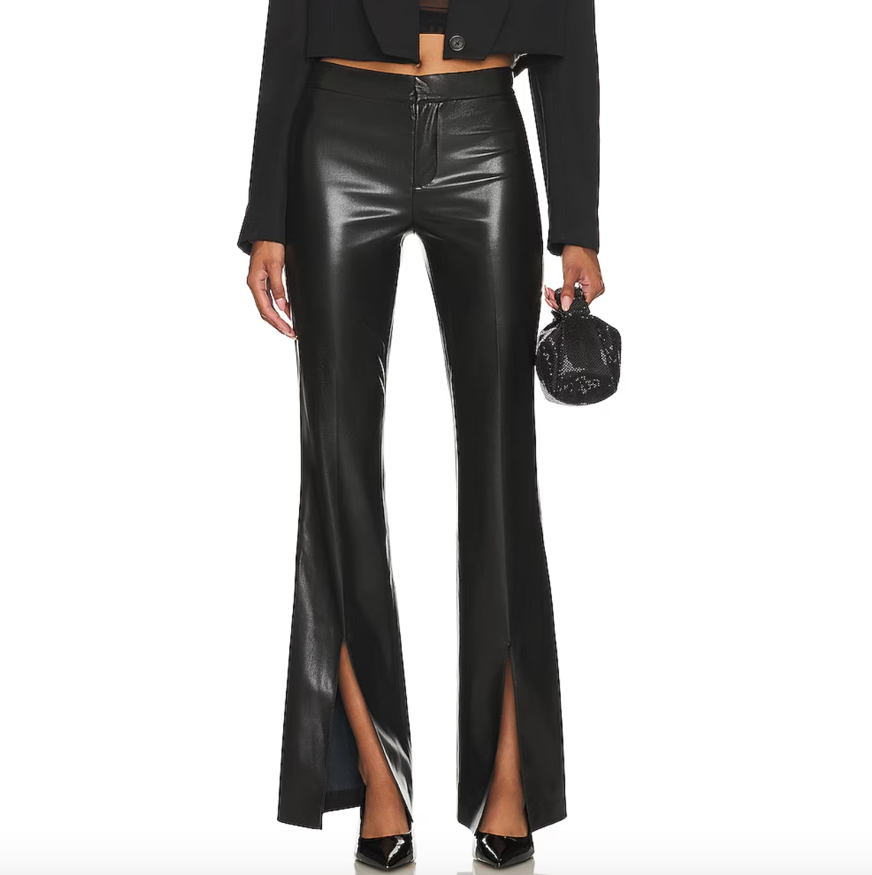 FAUX LEATHER SLIM FLARE TROUSERS WITH SLITS - Black