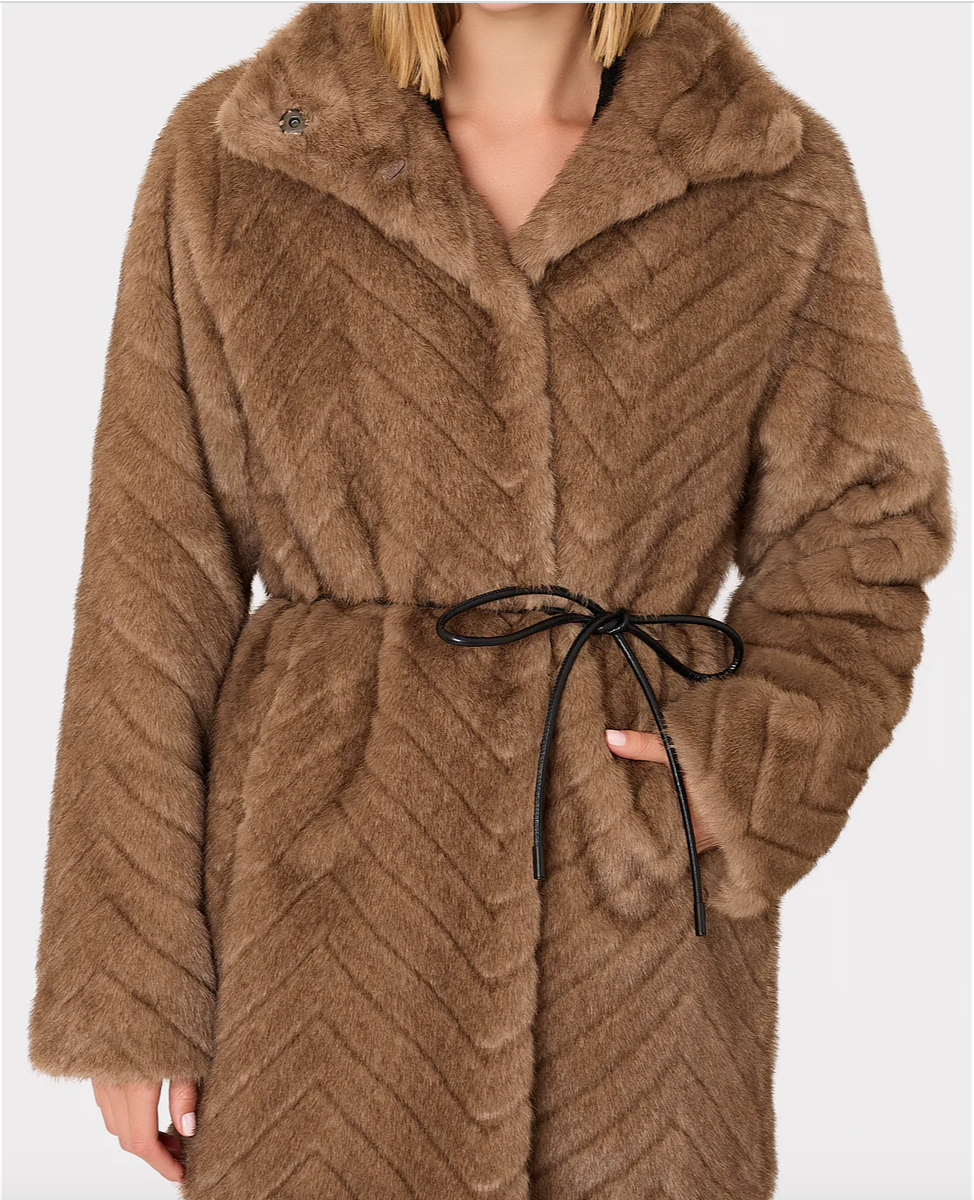 Hooded chevron faux fur coat hot sale
